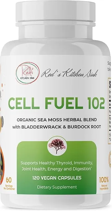 Red's Kitchen Sink Cell Fuel 102 Sea Moss Capsules | Made with Irish Sea Moss Bladderwrack and Burdock Root | Organic Sea Moss | 120 Seamoss Pills per Jar - 60 Servings / 2 Month Supply