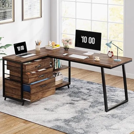 Tribesigns L-Shaped Computer Desk with 3 Drawers, Reversible Corner Home Office Desk with Shelves, 53-Inch Industrial PC Desk Study Writing Table Workstation for Small Space, Rustic Brown