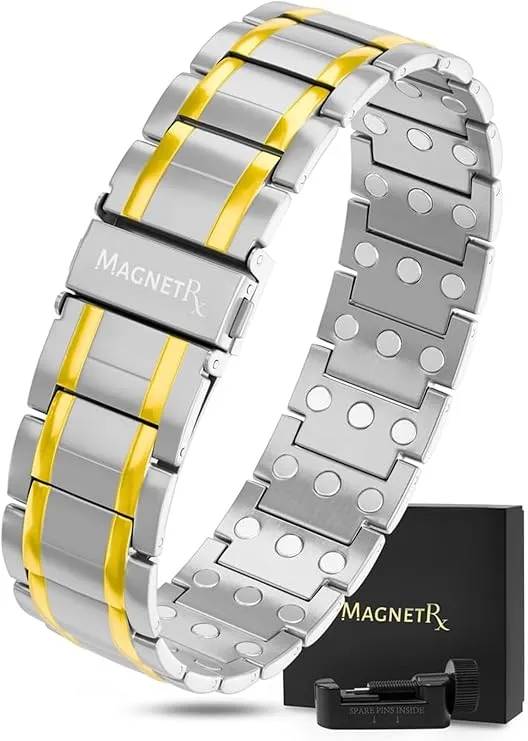 MagnetRX® 3X Strength Magnetic Bracelets for Men – Effective Magnetic Titanium Bracelet for Men – Premium Fold-Over Clasp & Adjustable Length with Sizing Tool & Gift Box (Silver/Gold)