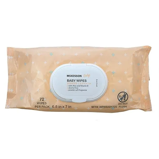 McKesson Baby Wipes - Scented with Powder Soft Fragrance, Contains Aloe and Vitamin E - 6.8 in x 7 in, 72 Wipes, 1 Pack