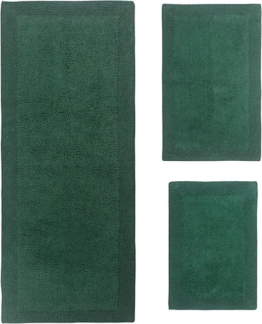 Home Weavers Luxury Collection 100% Cotton Reversible Bathroom Rugs Set, Washable Rug, Extra Soft and Absorbent Bath Rug, Kitchen Mat, Non Slip Bath Mat Set, 3 Piece Set with Runner, Bottle Green