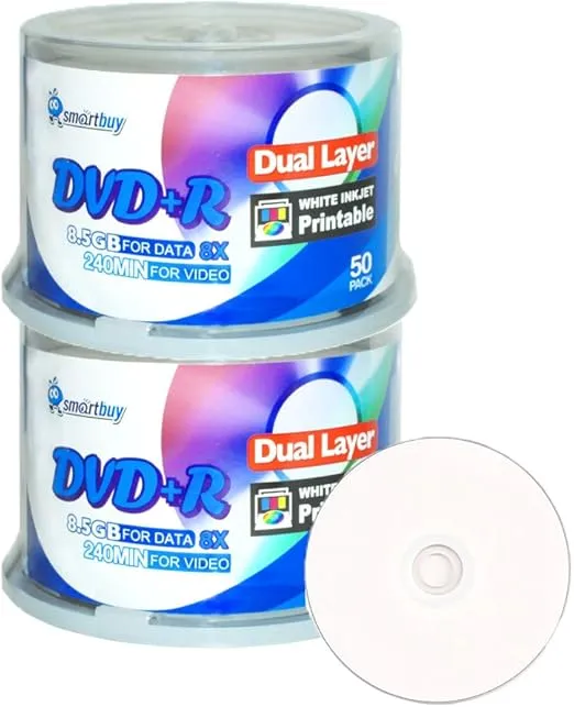 Smart Buy 100 Pack DVD+r Dl 8.5gb 8X DVD Plus R Double Layer Printable White Inkjet Blank Data Recordable Media 100 Discs Spindle