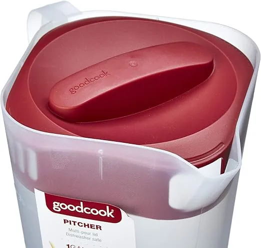 Goodcook 10658 1 gallon plastic straining pitcher square lid with 3 strainers and close no spill, Dishwasher Safe, Clear and Red