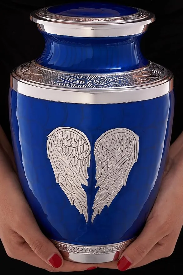 Olivia Memorials Urn for Ashes Male Female - Cremation Urns for Adult White Blue Purple Angel Wings God Cross Galaxy Cosmic Large and Small Keepsake (Angel Wings - Blue, Large)