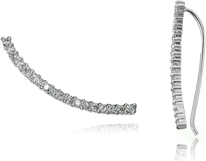 Hoops & Loops 925 Sterling Silver Cubic Zirconia Curved Crawler Climber Hook Earrings for Women, Silver, Yellow & Rose Gold