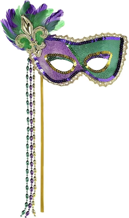 Mardi Gras Multicolor Plastic Stick Mask - 16.75 x 7" (1 Count) - Perfect for Party Decor & Festive Celebrations