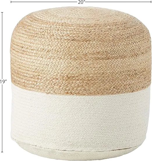 Signature Design by Ashley Sweed Valley Jute & Cotton Pouf, 19 x 19 Inches, Beige & White