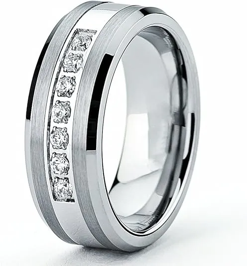 Tungsten Carbide Cubic Zirconia Pavé Channel Men's Engagement Wedding Band Ring 8MM