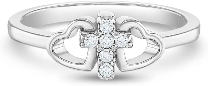 925 Sterling Silver Size 2-5 Religious Tiny Cross Cubic Zirconia Heart Rings for Girls - Beautiful Cross & Hearts Ring Bands for Young Girls - Faith CZ Cross Jewelry for Children & Preteens