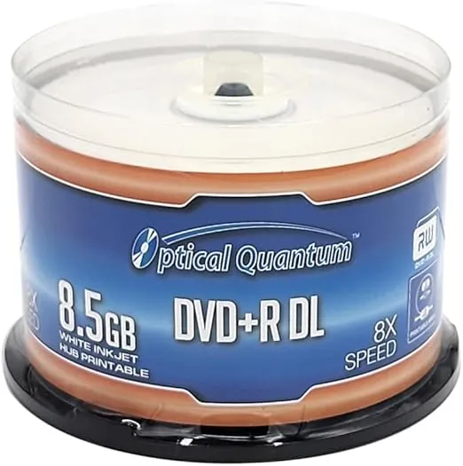 Optical Quantum 8X 8.5GB DVD+R DL White Inkjet Printable Double Layer Recordable Blank Media, 50-Disc Spindle OQDPRDL08WIP-H