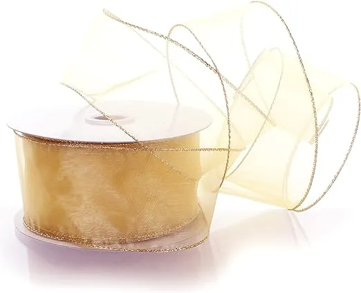 Ribbon Traditions 2.5" Wired Sheer Organza Ribbon Light Gold 10 Yards