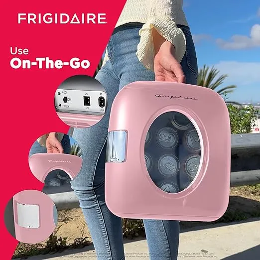 FRIGIDAIRE EFMIS462 Retro 12-Can Mini Personal Fridge Portable Cooler for Car, Office, Bedroom, Dorm Room, or Cabin, 11.22"D x 12.6"W x 12.6"H, Pink
