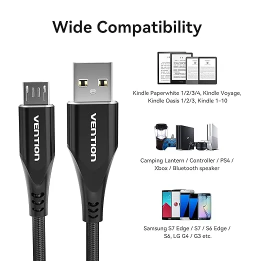VENTION 6.6FT Micro USB Charging Cable for PS4 Xbox Controller One Kindle Fire Tablet Paperwhite Charger Cord Nylon Braided USB to Micro USB Android Charger Cord