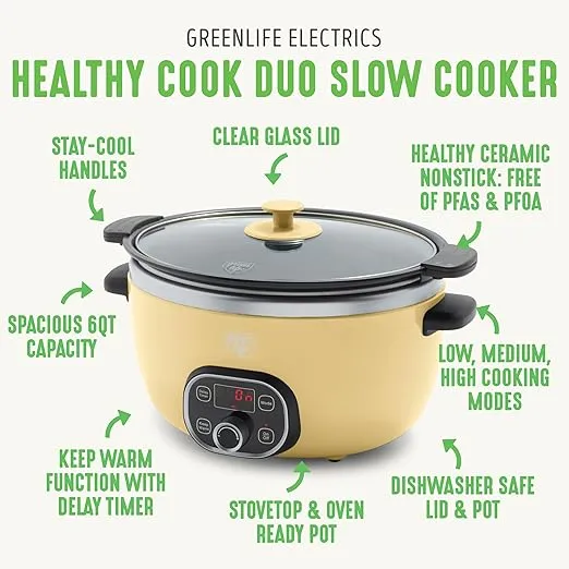 GreenLife 6QT Slow Cooker, Non-Toxic Ceramic Nonstick Removable Interior Bowl, Programmable, Family Friendly, Keep Warm, Stovetop & Oven Safe, Dishwasher Safe Parts, Timer, Glass Lid, Butter Yellow