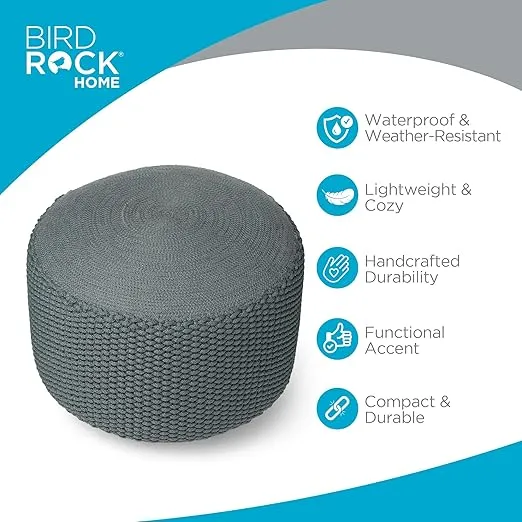 BIRDROCK HOME Outdoor Pouf Ottoman | Hand Woven Waterproof Foot Stool with Bead Bag Filling | Boho Foot Rest for Patio, Living Room, Porch & Outdoor Seating | Lightweight, Soft Stuffed Chair | Mist