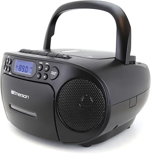 Emerson Portable CD Player Boombox with Cassette Player Combo, Tape Recorder, AM/FM Radio, AUX, Headphone Jack, Dual Speakers, AC/DC & Battery Operated - Stereo System for Home, Indoor & Outdoor Use