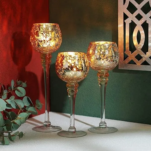 Hosley Set of 3 Crackle Gold Glass Tealight Holders 9 Inches 10 Inches and 12 Inches High Ideal for Weddings Special Events Parties Also Makes a Great Gift O9
