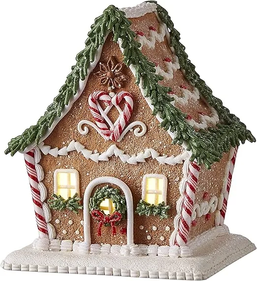 One Holiday Way 6.5-Inch Light Up Faux Gingerbread Cottage House with Timer, Rosemary, Candy Cane & Flower Accents - LED Lighted Christmas Home Decor Figurine - Xmas Mantel, Tabletop, Desk Decoration