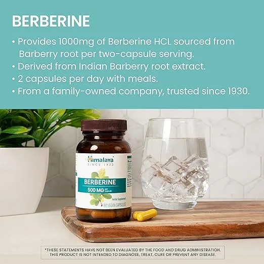 Himalaya Berberine for Metabolism & Cholesterol Support, GI Support & Immune Support, 1000 mg Serving, Berberine HCL from Indian Barberry Root, Vegan, Gluten Free, Herbal Supplement, 60 Capsules