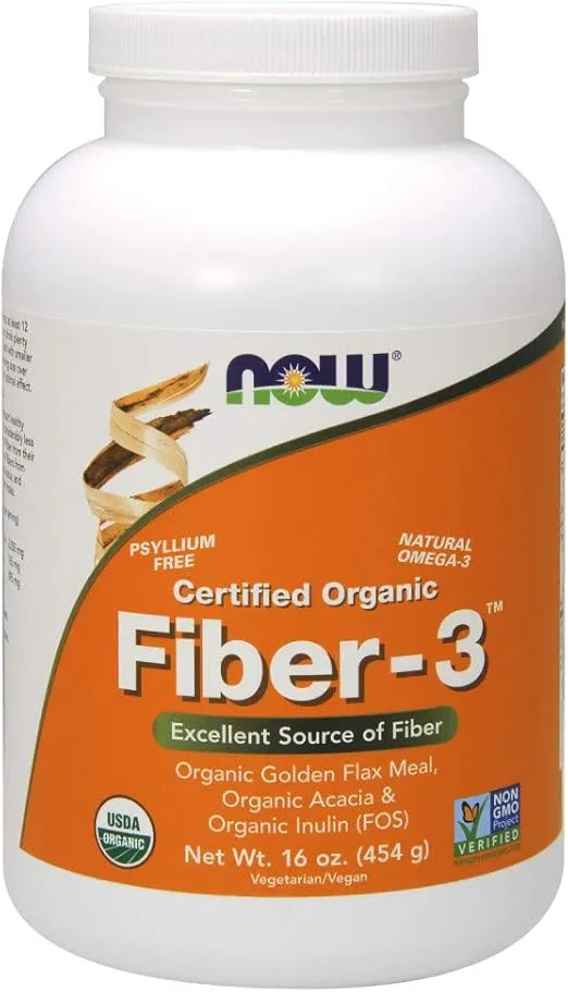 NOW Foods Supplements, Fiber-3, Certified Organic, Non-GMO Project Verified, Psyllium Free, with Organic Golden Flax Meal, Acacia & Inulin, 16-Ounce