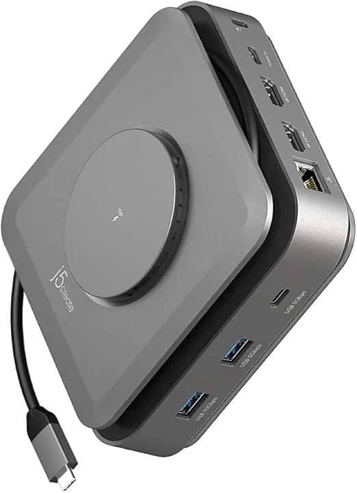 j5create USB-C Dock Dual 4K HDMI - Supports Dual Extended 4K Display for Windows and M1/M2/M3 MacBook, Built-in 15W Magnetic Wireless Charger, USB-A x 2, USB-C x 2, Gigabit ethernet (JCD3199)