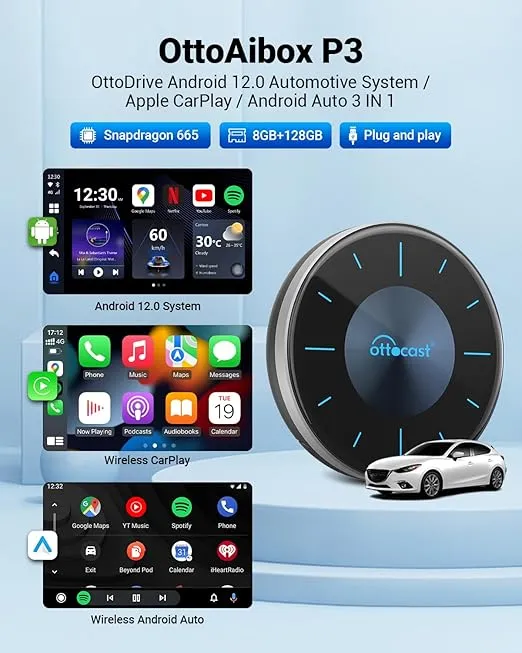OTTOCAST P3 CarPlay AI Box - 2023 Android 12.0 CarPlay Video Adapter Wireless CarPlay Android Auto Dongle Support HDMI Output, Youtube Netflix Disney+ Tiktok Streaming Videos to OEM Wired CarPlay Cars