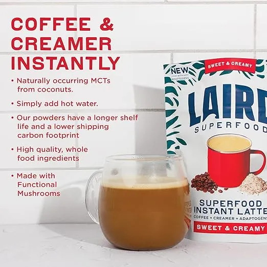 Laird Superfood Instant Latte 100% Arabica Coffee Sweet & Creamy, Non-Dairy, Superfood Creamer, Gluten Free, Non-GMO, Vegan, 8 oz. Bag, Pack of 1