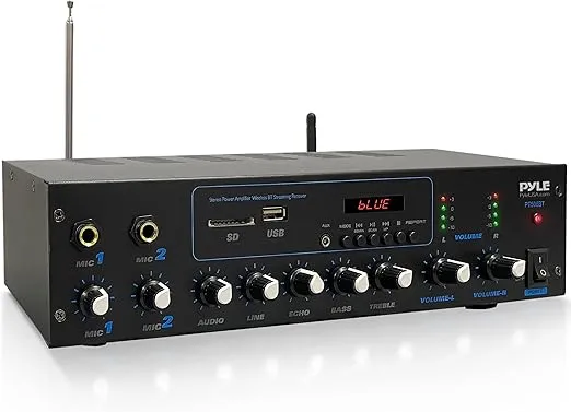 Pyle Professional Powered Amplifier - Bluetooth Audio Receiver, Stereo System with FM Radio, Dual 1/4'' Microphone Input Jacks, USB/SD/AUX Playback, LCD Display, ID3 Tag, 600 Watt