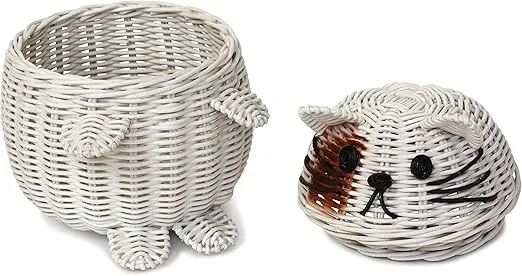 G6 COLLECTION Cat Rattan Storage Basket With Lid Decorative Bin Home Decor Hand Woven Shelf Organizer Cute Handmade Handcrafted Nursery Gift Animal Art Decoration Artwork Wicker Kitten