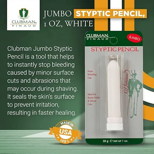 Clubman Jumbo Styptic Pencil, Treat and Seal Shaving Cuts Instantly, Anti-hemorrhaging Stick, First Aid Device, White, 1 oz
