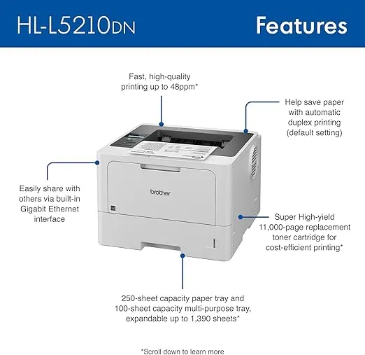 Brother HL-L5210DN Business Monochrome Laser Printer with Duplex Printing, Versatile Paper Handling, Mobile Printing, and Gigabit Ethernet Networking