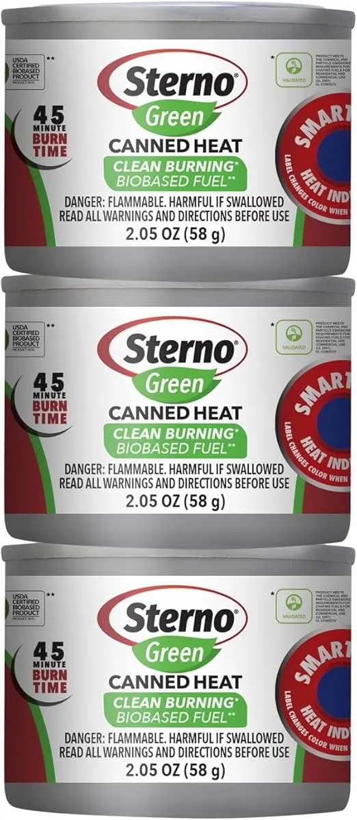 Sterno Green Canned Heat Ethanol Fuel Can - Ethanol Gel Cans with 45-Minute Burn Time, Chafing Dish Fuel Cans & Gel Fuel Cans for Fire Bowl - Fuel Cans for Food Warmer & Portable Stoves - Pack of 3