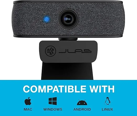 JLab JBuds Cam USB HD Webcam, Black with Optional White Faceplate, 1080P/30 FPS, 2.1 Megapixels, Auto-Focus, Dual Omni-Directional Microphones, Compatible with PC, Mac and Chromebook