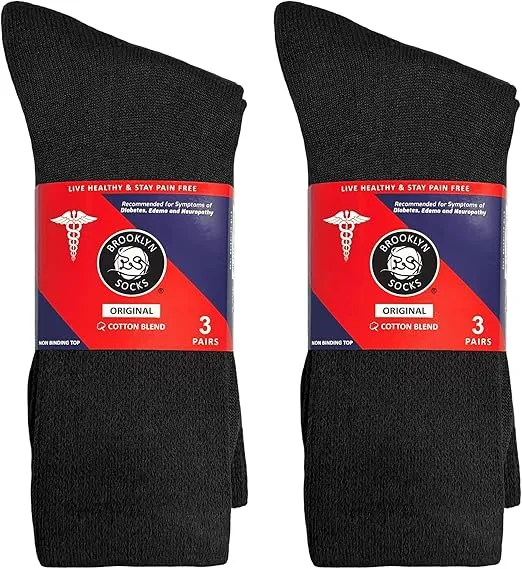 6 Pairs of Cotton Diabetic Non-Binding Neuropathy Crew Socks (Black, Fits Mens Shoe Size 9-12/Womens Shoe Size 10-13)