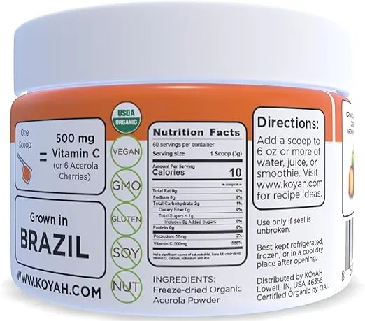KOYAH - Organic Acerola Powder: Freeze-Dried, 100% Pure, 500 mg Natural Vitamin C per Scoop, Whole-Food, Non-GMO, Vegan, 60 Servings, Made from acerola Cherries Grown in Brazil