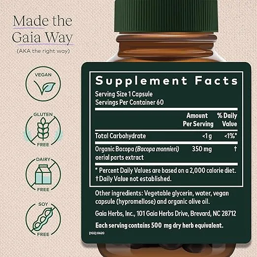 Gaia Herbs Bacopa - Brain and Cognitive Support Herbal Supplement - Made with Bacopa (Bacopa Monnieri) to Help Support a Thriving Mind - 60 Vegan Liquid Phyto-Capsules (Up to 60-Day Supply)