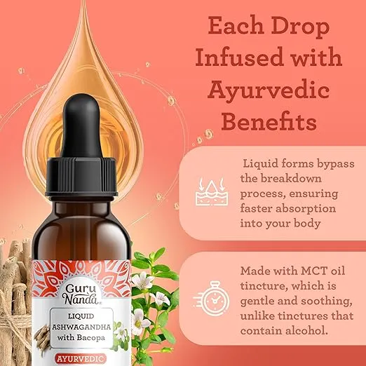 GuruNanda Liquid Ashwagandha with Bacopa (1 Fl Oz) - Natural Dietary Supplement- Liquid Extract Drops - for Men & Women- Vegan & Alcohol-Free - Aids in Immune, Focus & Relaxation Support