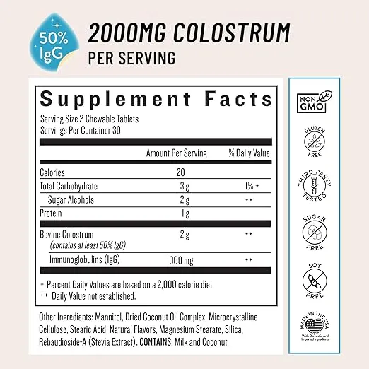 Legendairy Milk Bovine Colostrum Chewable Tablets - Daily Gut Health & Immune Support - Hair, Skin & Nails - 50% IgG Concentration - Colostrum Supplement for Women, Men, & Kids - 60ct, Vanilla Flavor