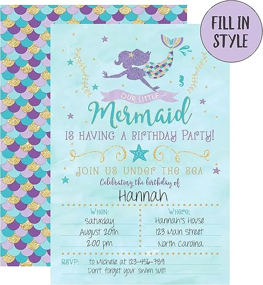 Your Main Event Prints Mermaid Birthday Invitations - 20 Fill-In Mermaid Party Invitations