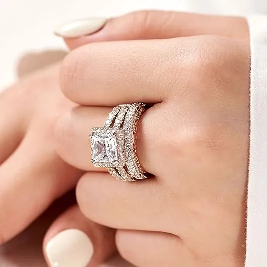 Wuziwen 4Ct Engagement Rings for Women Sterling Silver Cubic Zirconia Wedding Bridal Ring Set Size 4-13