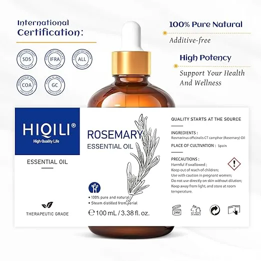 HIQILI Rosemary Oil for Hair Growth, Skin, Scalp, 100% Pure Natural, Add to Shampoo & Conditioner - 3.38 Fl Oz