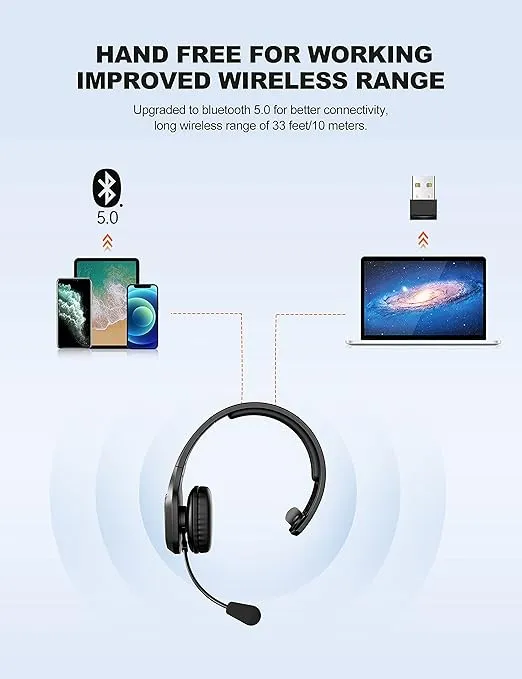 TECKNET Trucker Bluetooth Headphones with Microphone Noise Canceling Wireless On Ear Headset, Hands Free Wireless Headset for Cell Phone Computer Office Home Call Center Skype (Black)