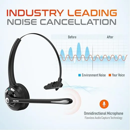 Delton 10X Bluetooth Computer Headset, Over-The-Head Single Ear Wireless Headset with Noise Canceling Mic for Computer/Laptop/Call Center/Truck Driver, Works with All Meetings Apps - Black