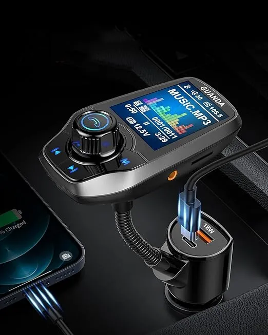 Upgraded Bluetooth FM Transmitter for Car, Wireless Radio Adapter Kit W 1.8" Color Display Hands-Free Call AUX in/Out SD/TF Card USB Charger PD 20W for All Smartphones Audio Players - Pewter