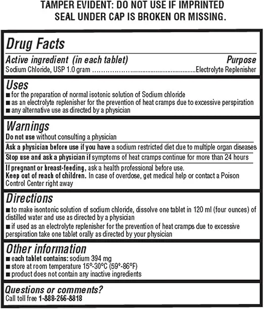 Sodium Chloride Tablets 1gm | Electrolyte Salt Pills for POTS Syndrome and Dysautonomia Support | Rapid Rehydration, Natural Ingredients | (15.4gr.) | 1000 Count | Made in The USA