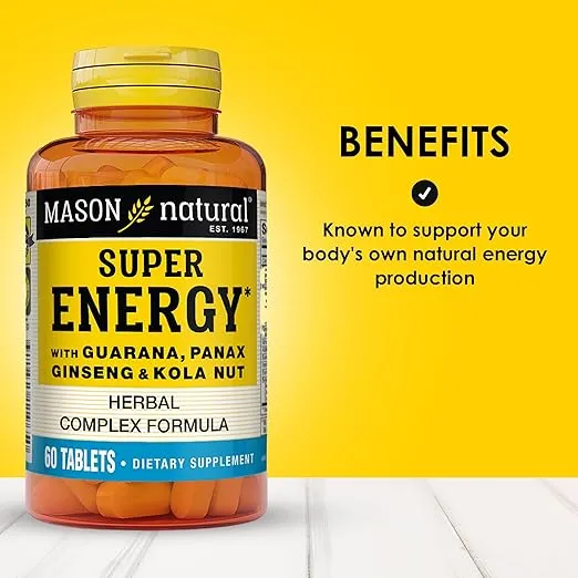 MASON NATURAL Super Energy with Guarana, Panax Ginseng & Kola Nut - Herbal Complex Formula to Support Optimal Performance & Energy*, 60 Tablets