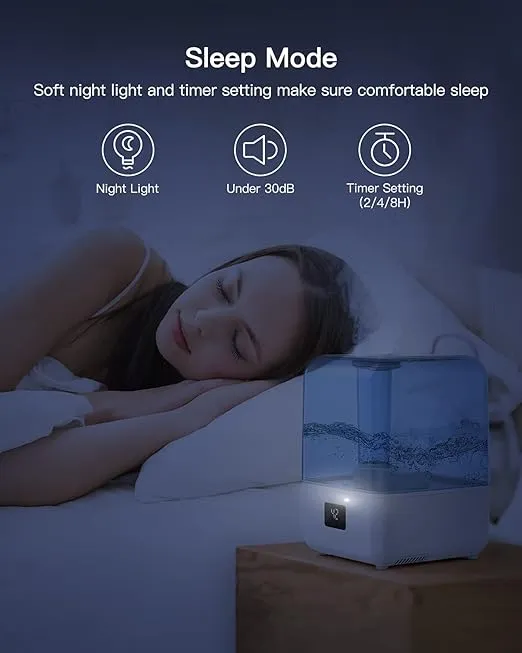 MORENTO Humidifiers for Bedroom, 4.5L Top Fill Humidifiers for Large Room, Cool Mist Humidifiers for Home, 360 Nozzle, Auto Shut-Off, Humidity Setting, Last up to 50Hrs with Night Light, White