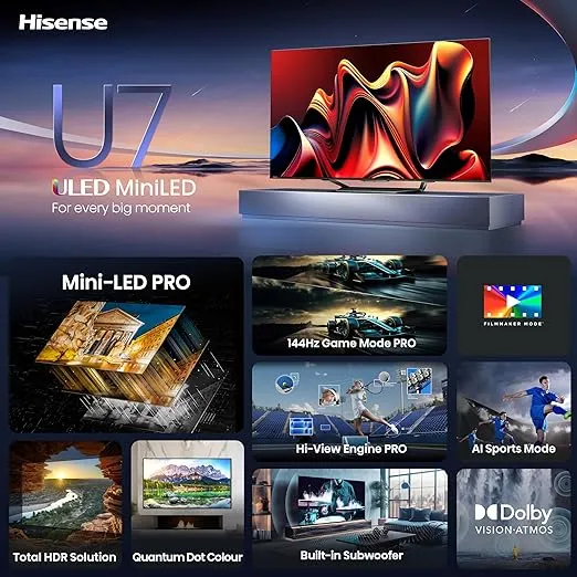 Hisense U7 Series 55U7N 55 Inches ULED 4K Smart TV | Mini-LED | QLED | 1500 Nits | 144Hz | Motion Rate 480 | Dolby Vision HDR 10+ | Dolby Atmos | Full Array Local Dimming | 2.1 Ch Sound | Google TV