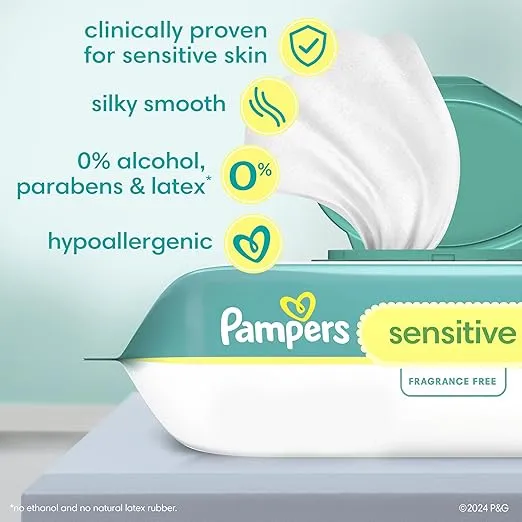 Pampers Sensitive Baby Wipes, Water Based, Hypoallergenic and Unscented, 3 Refill Packs (192 Wipes Total)