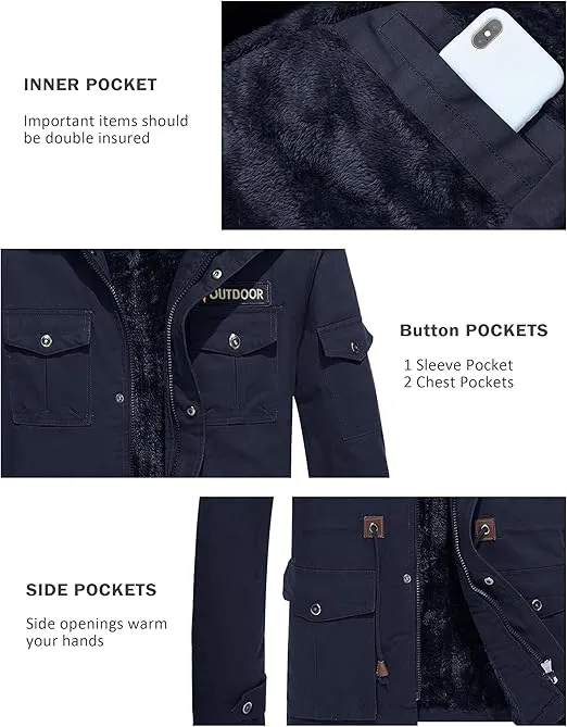 MAGCOMSEN Men's Winter Coat Military Jacket Fleece Lined Parka Cotton Cargo Jacket
